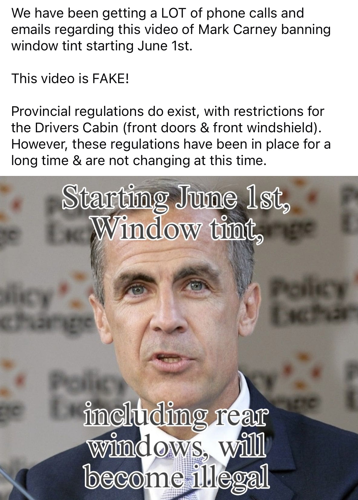 Mark Carney making Window Tint Illegal - fake video and here is what you should know