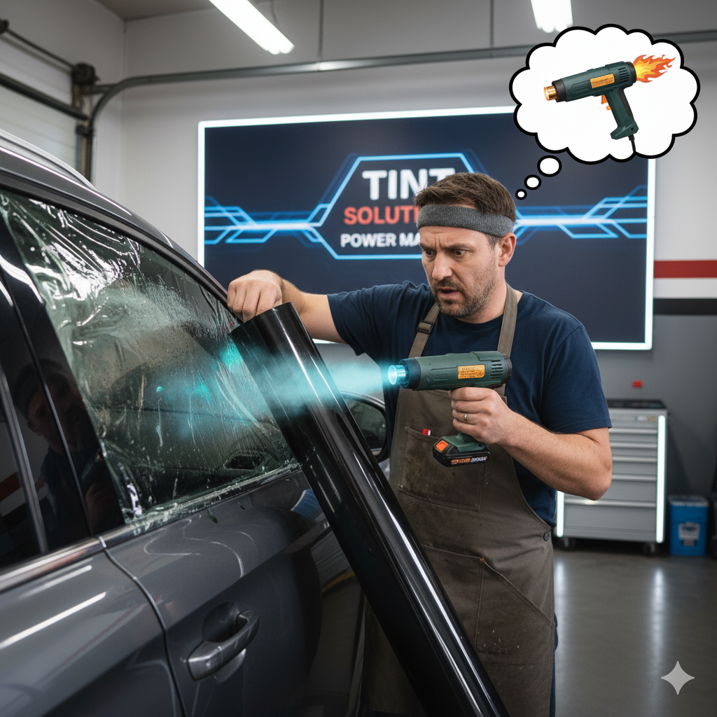 Professional window tinter using a corded heat gun to shrink window tint film on a car's rear windshield