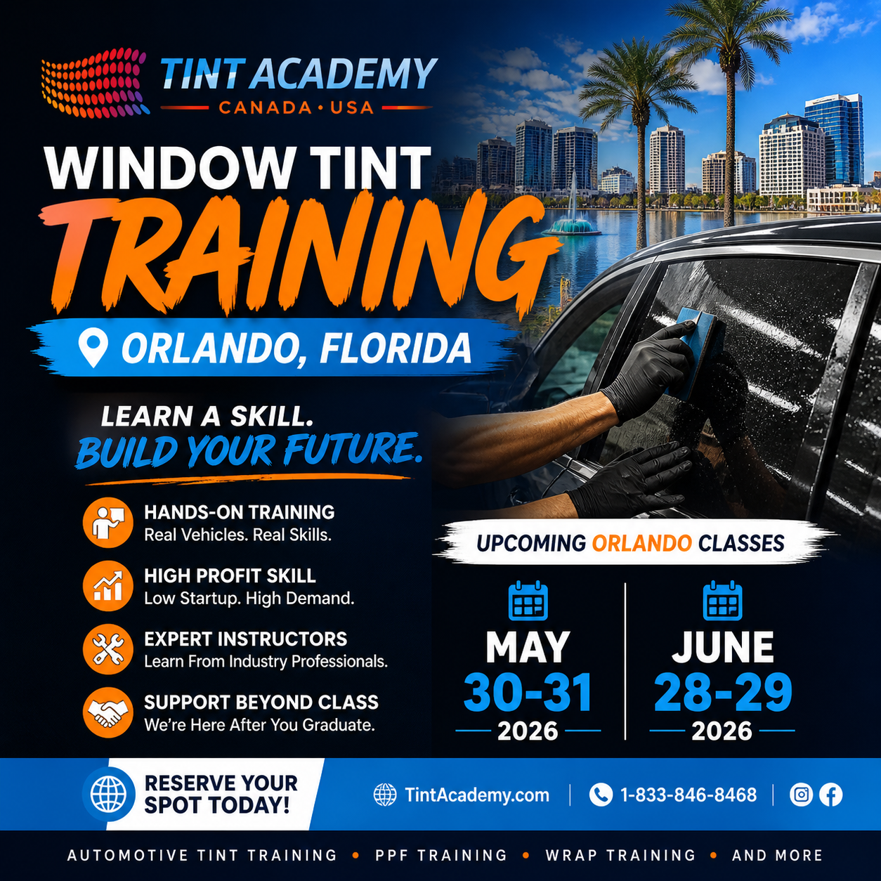 Window Tint School in Orlando, Florida β Learn Automotive Window Tinting with Tint Academy on May 30β31 and June 28β29, 2026