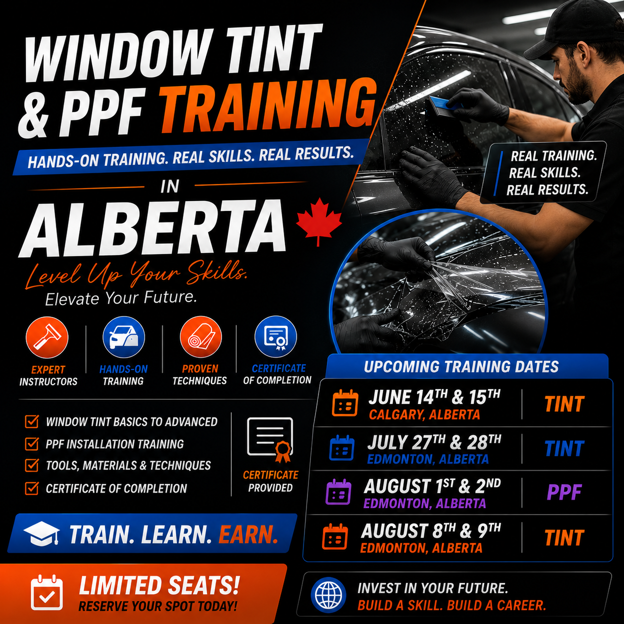 Alberta Window Tinting Certification Course by Tint Academy, showing course materials and certification badge for Edmonton and Calgary.