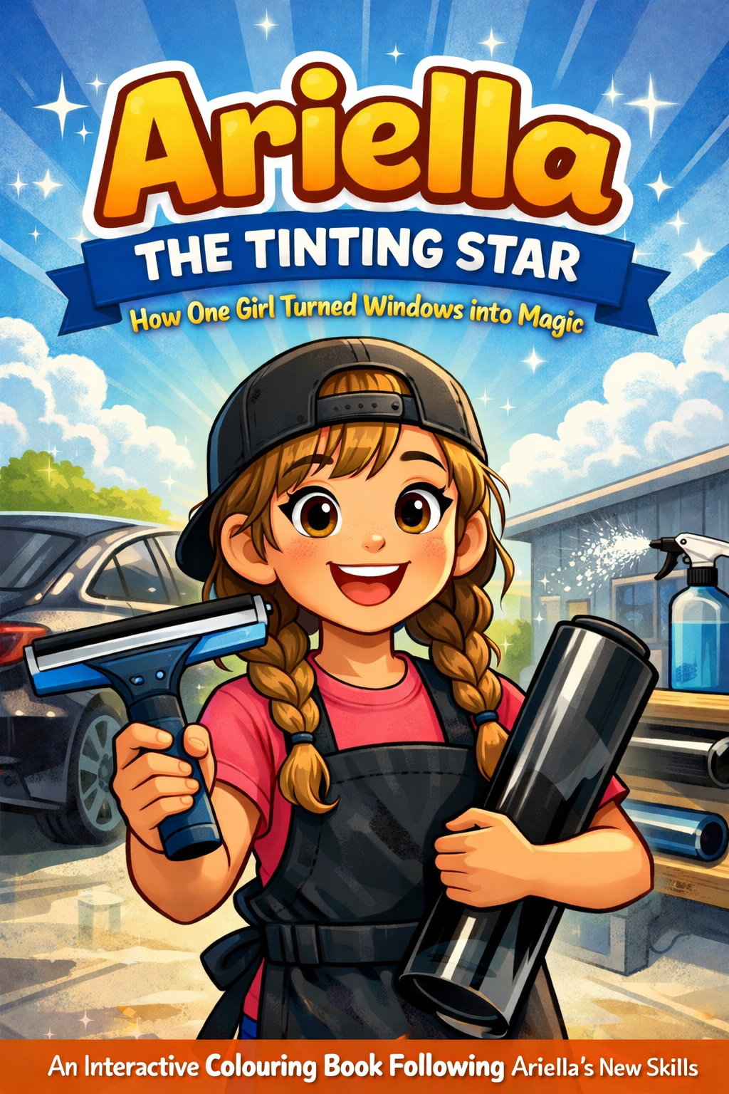 Ariella the Tinting Star kids story and coloring book by Tint Academy, featuring colorful illustrations of a girl with art supplies.