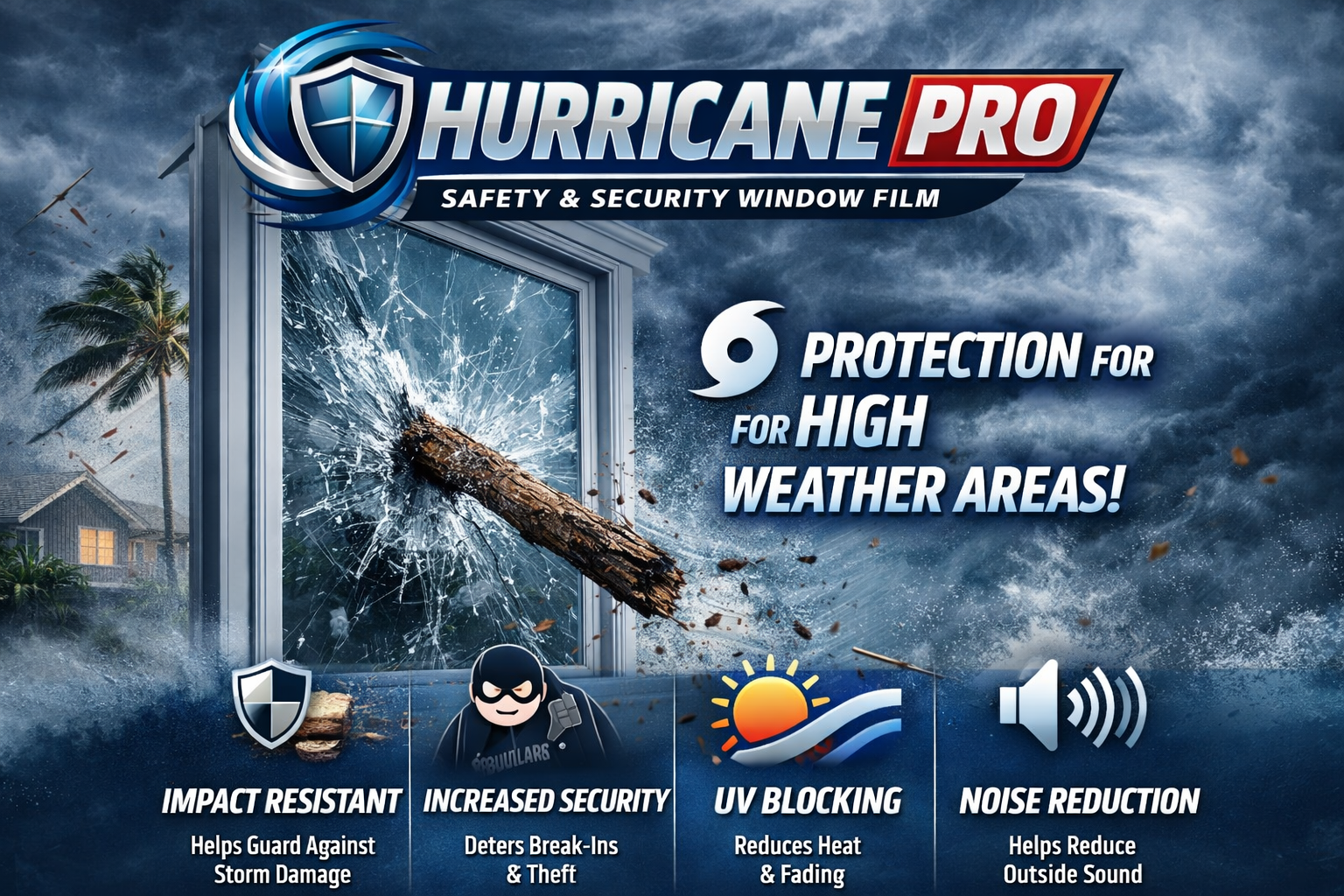 Hurricane Pro™ Safety & Security Window Film installed on a window, providing enhanced protection and security for homes and offices.
