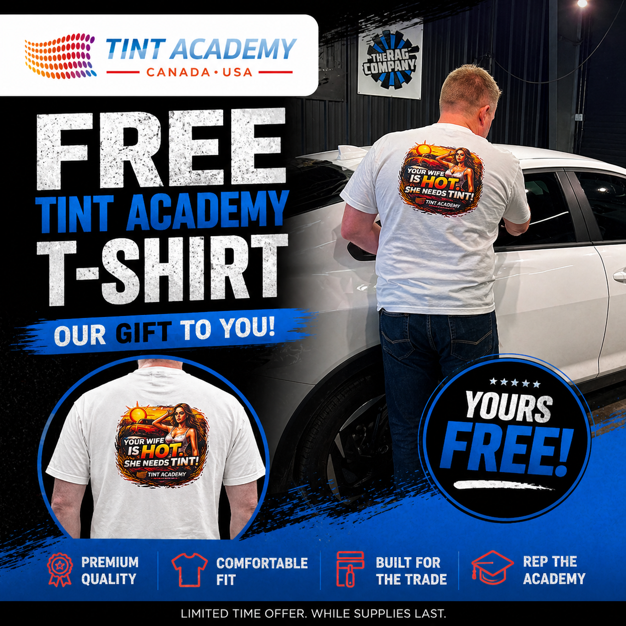 Limited edition Tint Academy T-shirt featuring window tint installer graphics, made for certification and professional tinting.