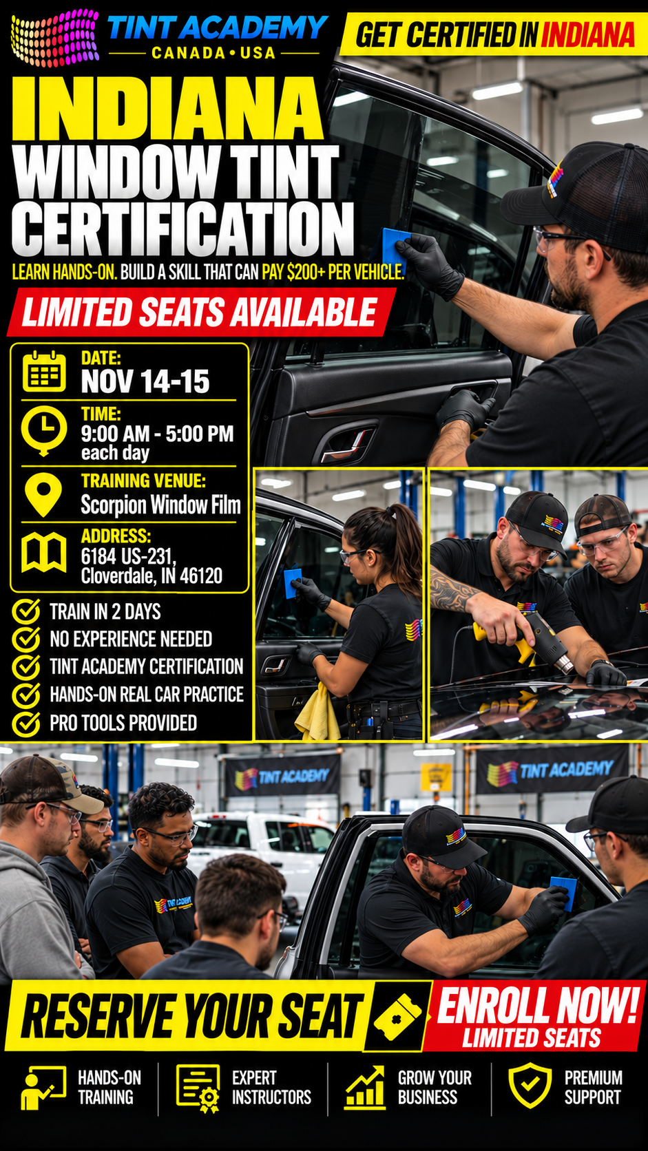 Window tint and PPF training course by Tint Academy in Indiana, featuring classroom setup and training materials.