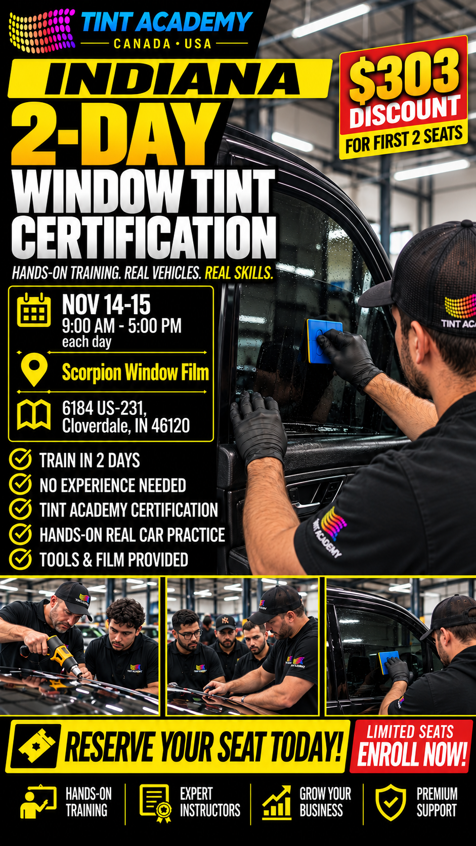 Window Tint and PPF training course by Tint Academy showing a classroom setup for Indiana certification program.