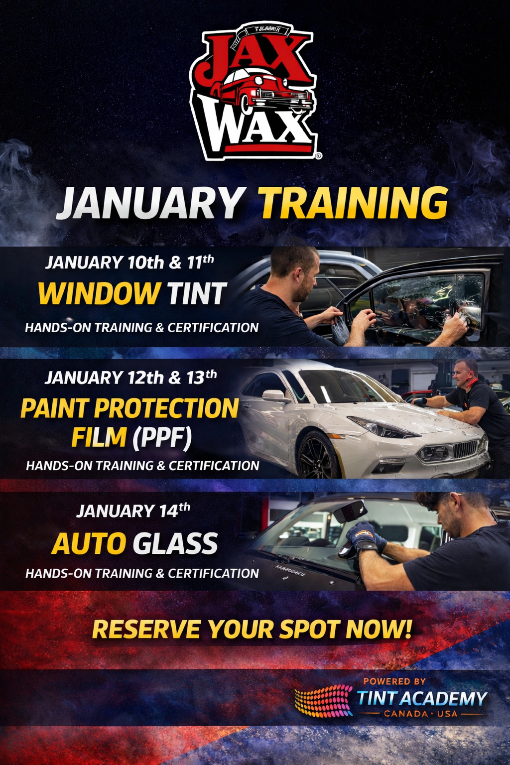 Toronto Window Tint and PPF school by Tint Academy Canada, featuring hands-on training with Januaryjaxwax on practical tinting techniques.
