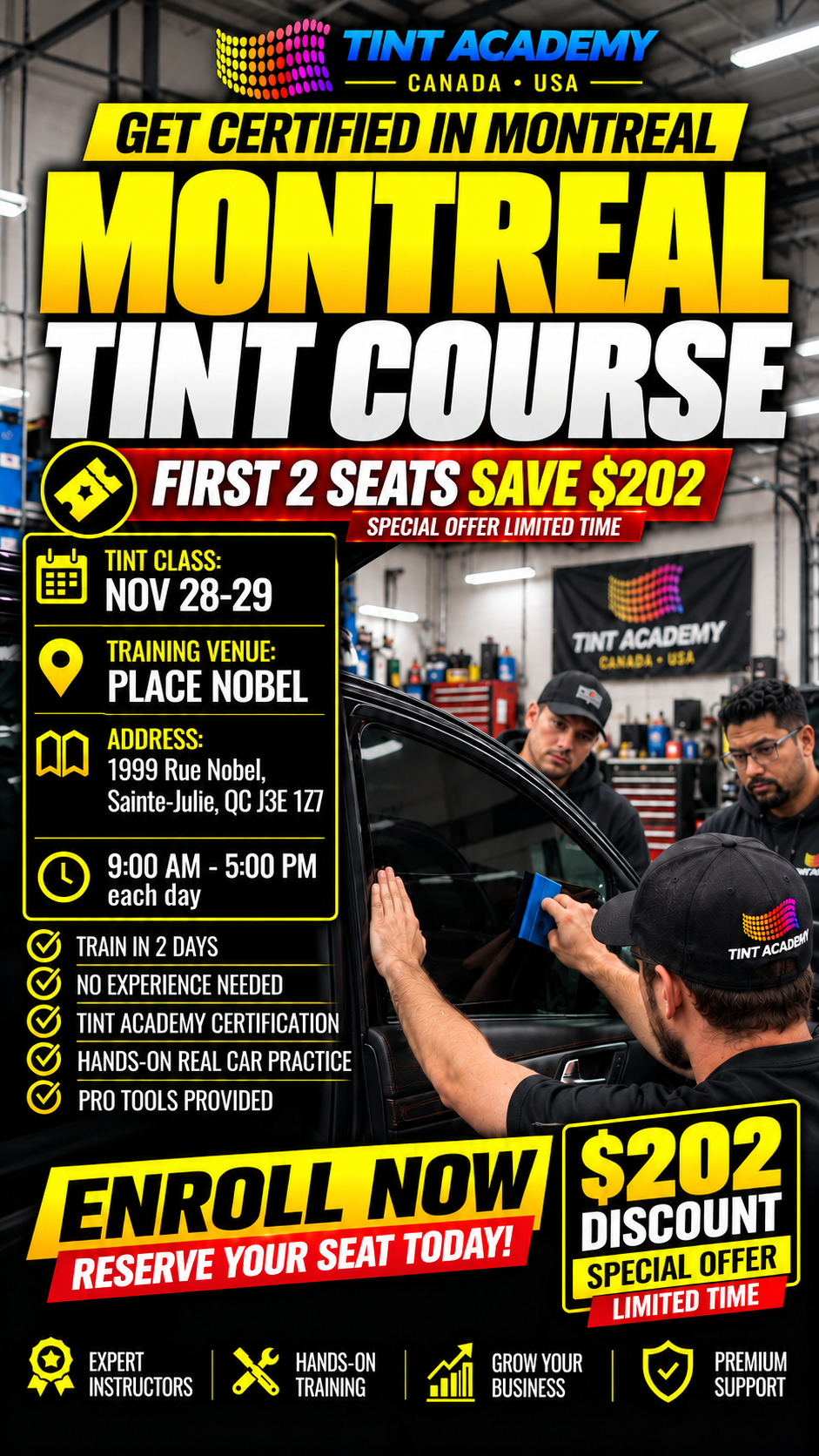 Montreal Window Tinting and PPF certification course by Tint Academy Canada, featuring training materials and certification badge.