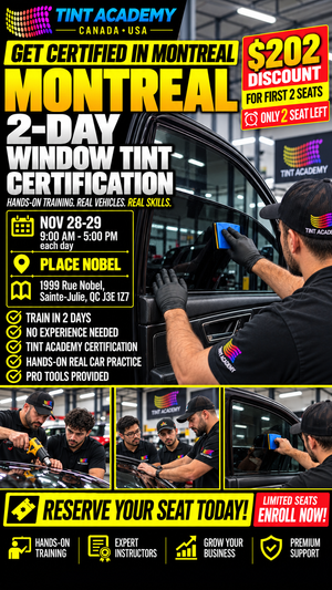 Certificate image for Montreal Window Tinting & PPF Certification Course by Tint Academy Canada, showing course details and branding.