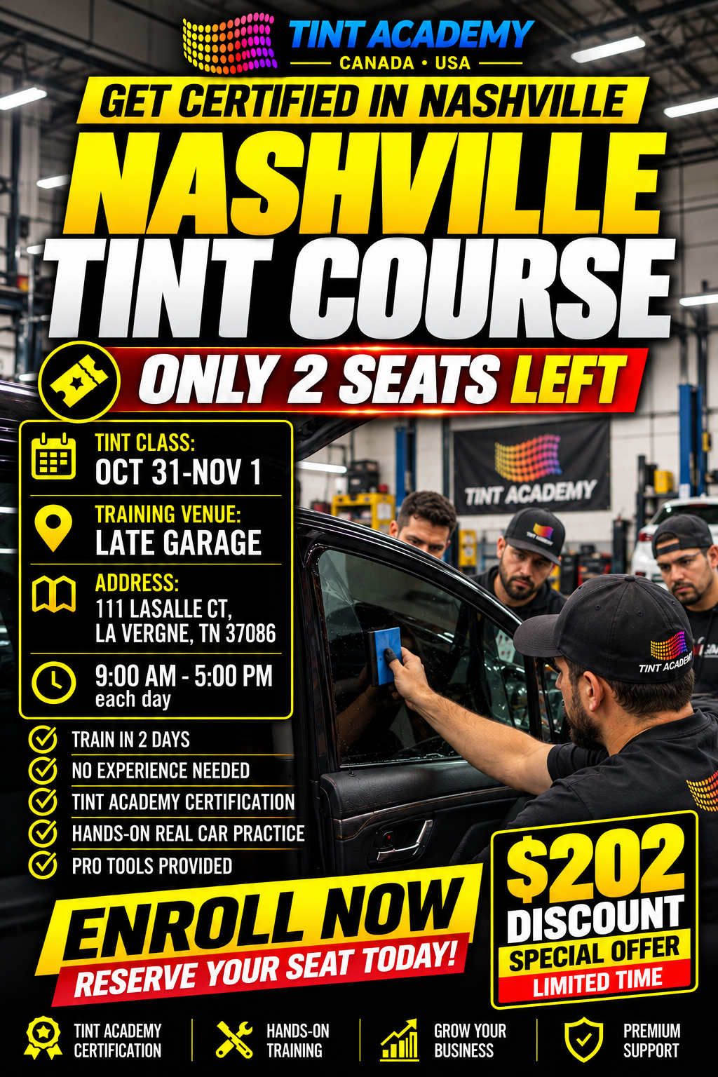 Window tint training and paint protection film certification course in Nashville, TN by Tint Academy USA, 2-day certification program.