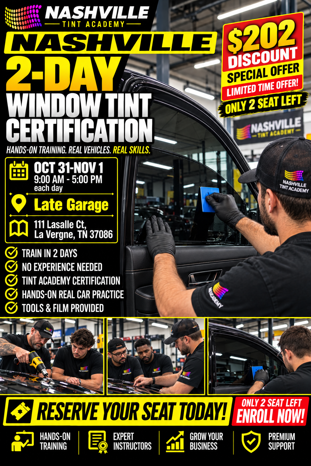 Nashville window tint and paint protection film training course certificate from Tint Academy, featuring a professional certification logo.
