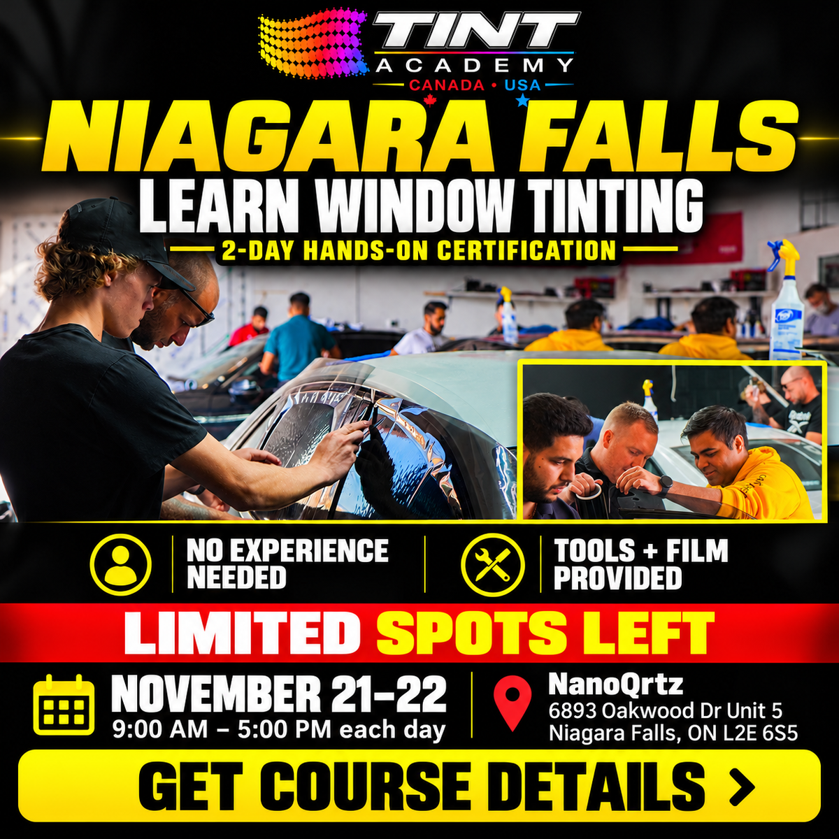 Hands-on window tint and PPF training course at Niagara Falls by Tint Academy Canada, focused on practical skills.