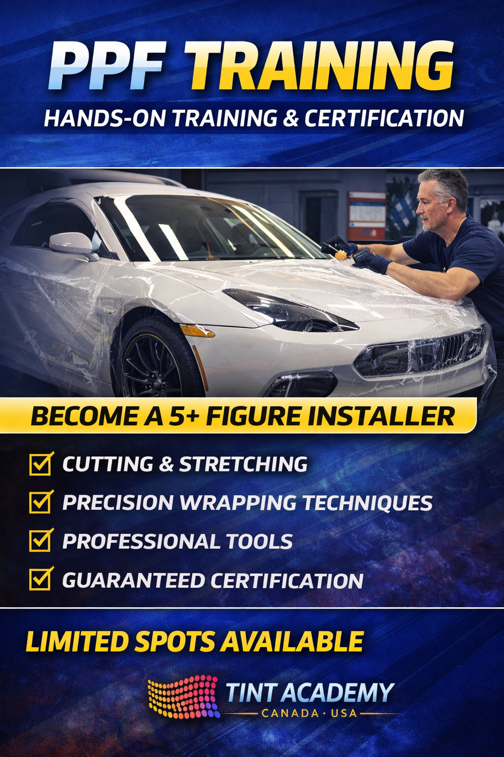 Learn Paint Protection Film installation with Tint Academy certification course poster, showcasing training materials and branding.