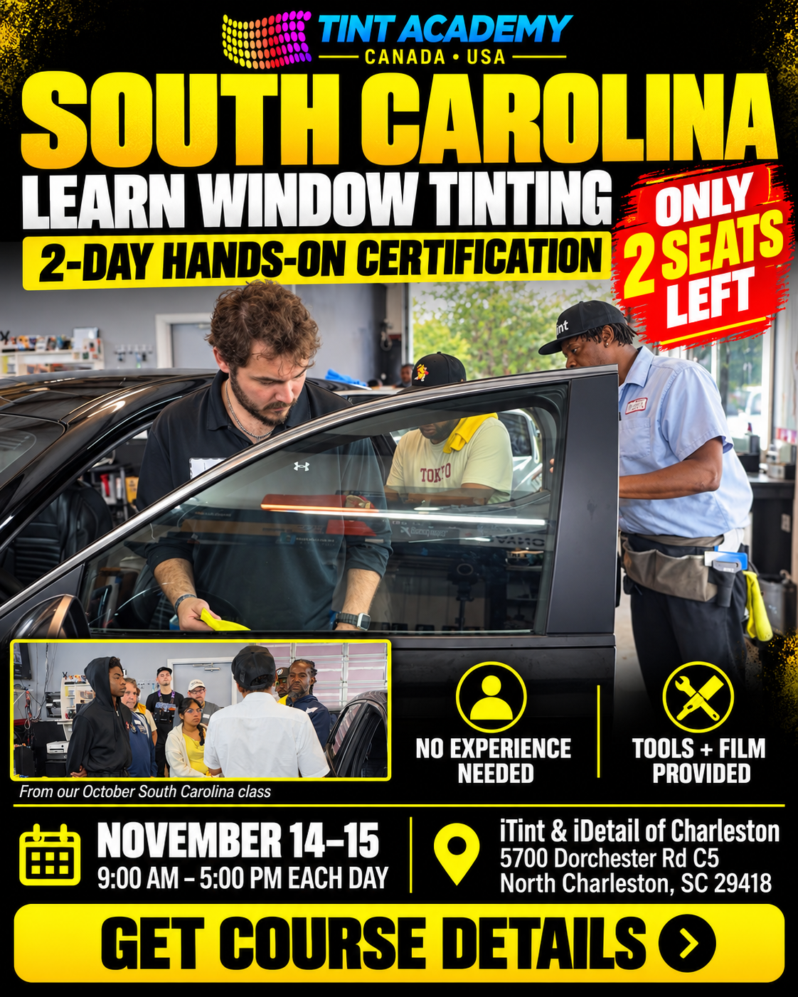 South Carolina window tinting and PPF certification course by Tint Academy USA, featuring course details and branding.
