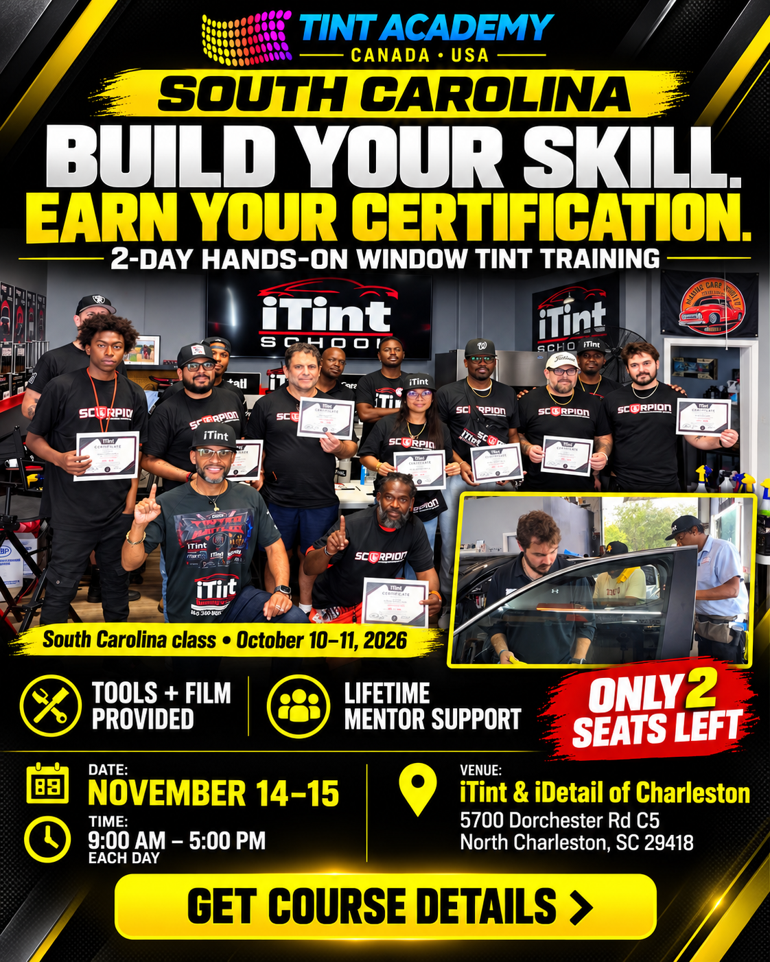 South Carolina window tinting and PPF certification course by Tint Academy USA, featuring classroom training and certification materials.