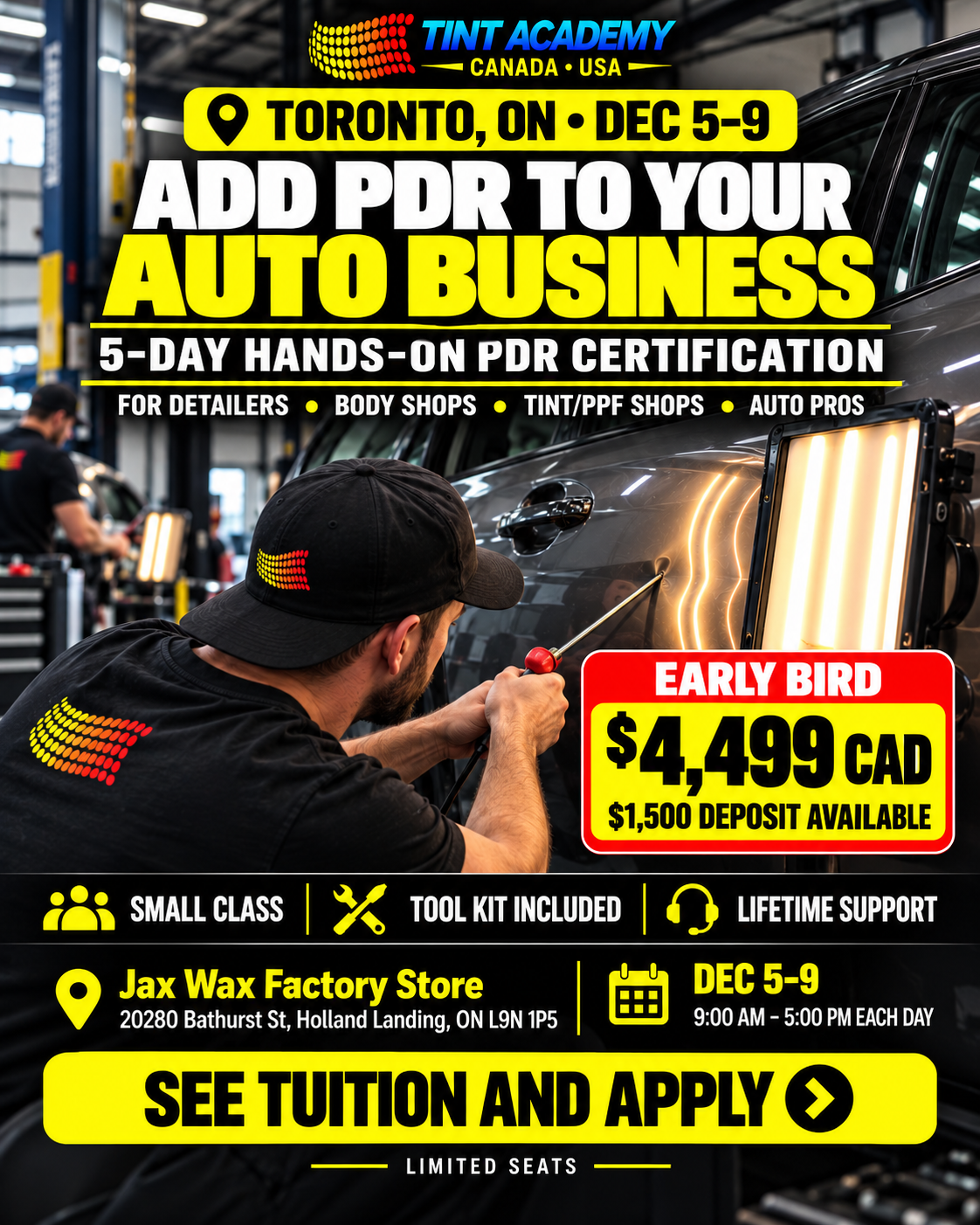 Paintless dent repair course in Toronto, 5-day PDR training by Tint Academy certification program