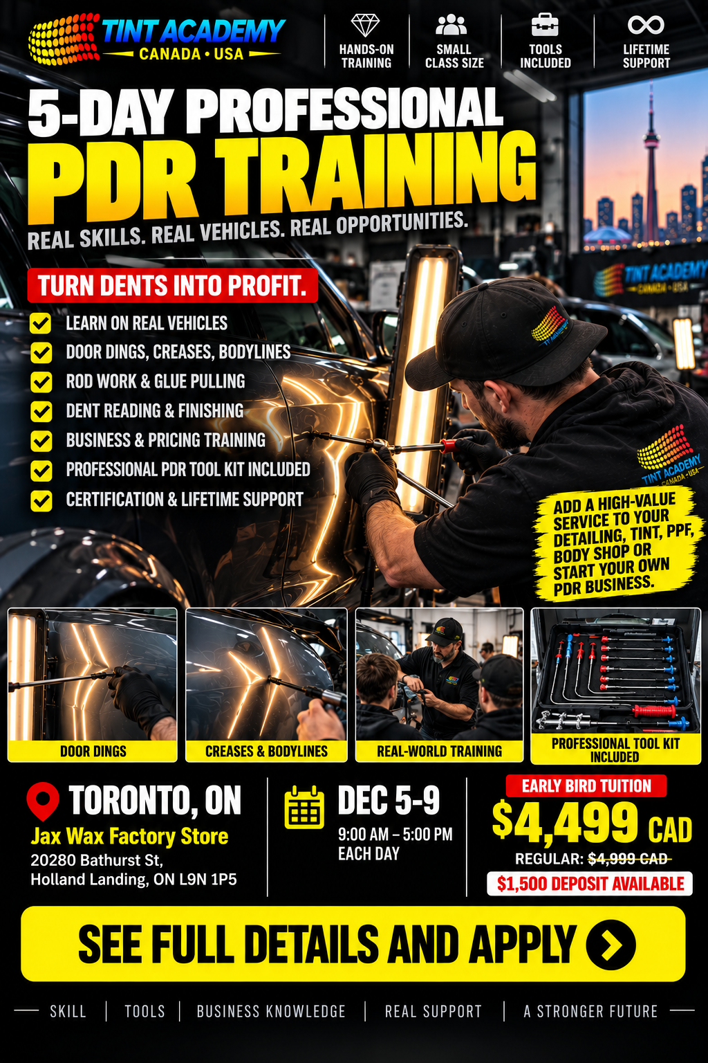 Paintless dent repair course in Toronto, 5-day PDR training by Tint Academy with hands-on instruction