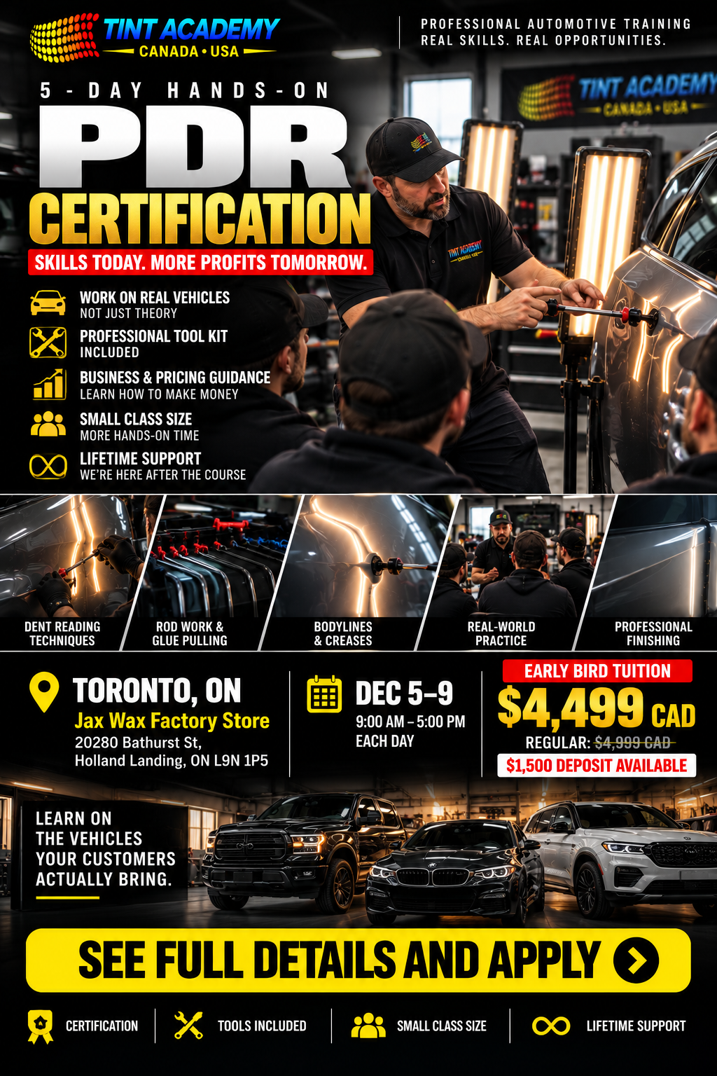 Paintless dent repair course Toronto, 5-day PDR training by Tint Academy Window Tint and PPF Certification