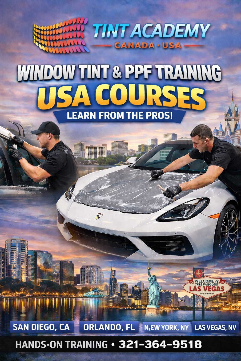 Certification course image for Tint Academy's US window tint and PPF certification program, featuring course details and branding.