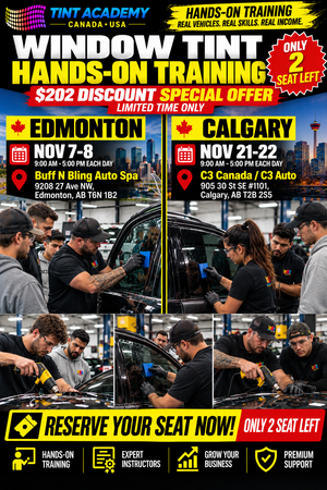 Alberta window tinting certification course by Tint Academy Canada, showing a classroom setting in Edmonton and Calgary.
