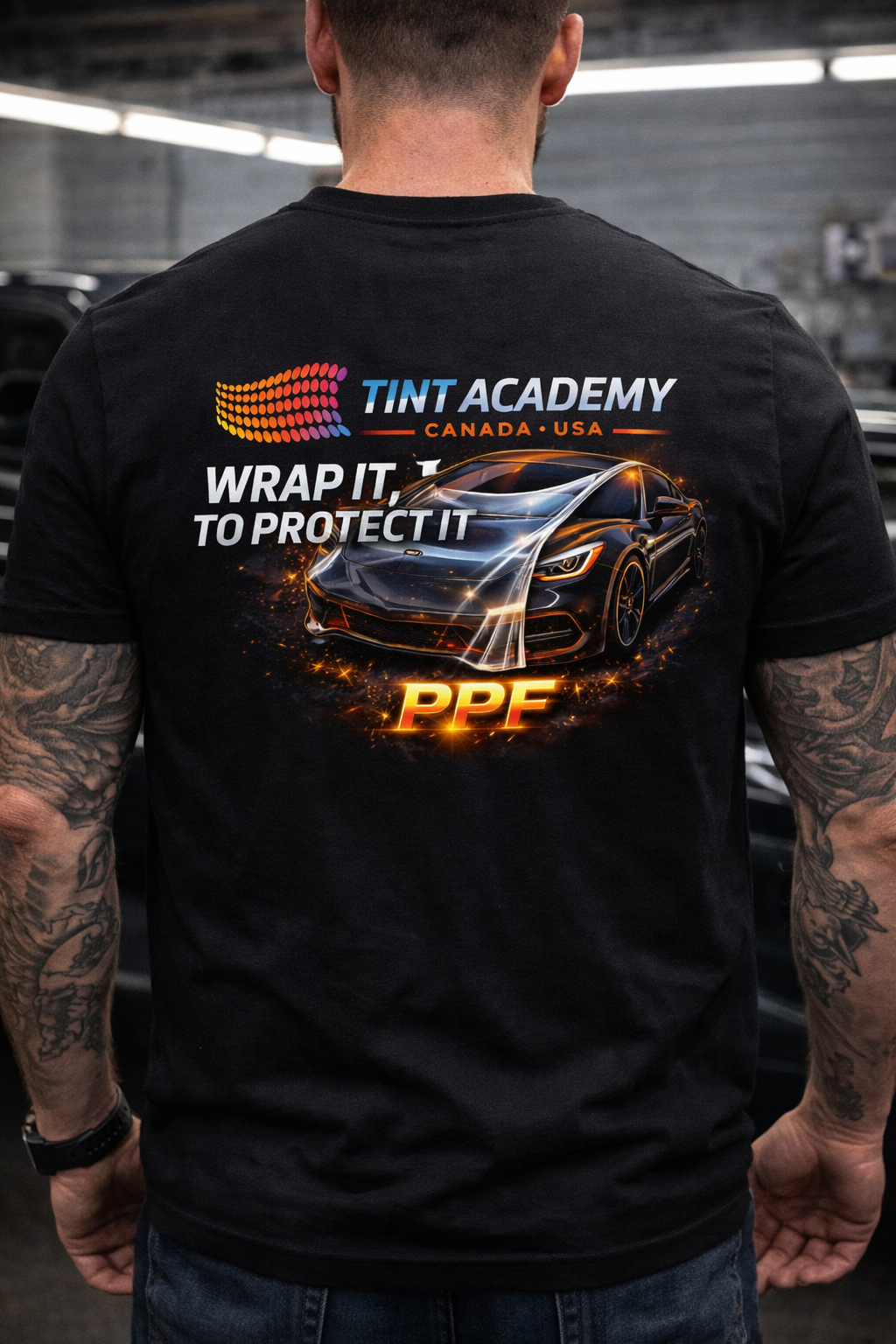 Professional Tint Academy window tint installer clothing with wrapit to protect it, featuring durable fabric and branding details.