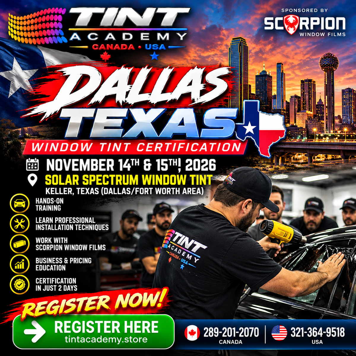 Window Tint Training in Dallas, Texas – Get Certified November 14th & 15th, 2026 with Tint Academy USA