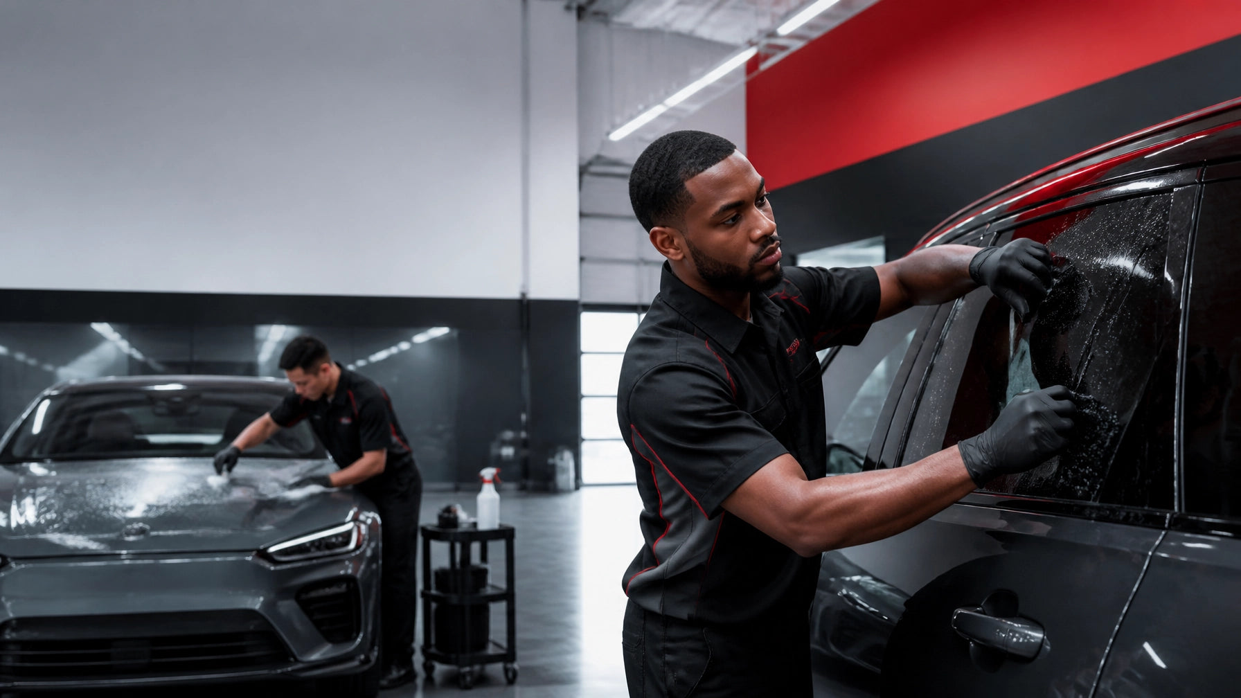 Automotive technician receiving hands-on window tint and paint protection film training in a dealership service bay