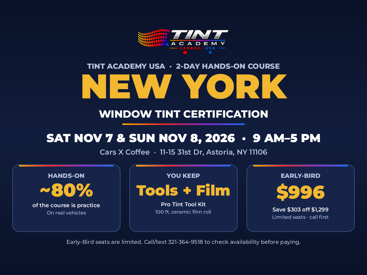 Window tint classes in New York City - Tint Academy 2-day certification at Cars X Coffee, Astoria, Queens, Nov 7-8, 2026