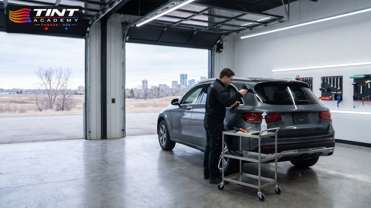 Window tint course Edmonton - student heat shrinking rear window film in a tint bay