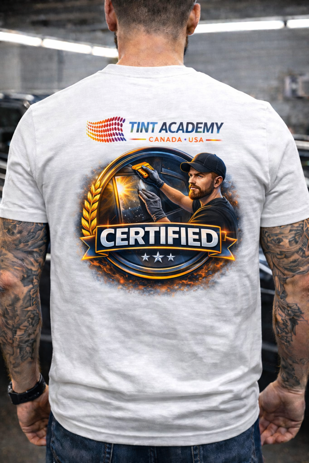 Certified Tint Academy window tint installer apparel with professional branding and logo, designed for certified tinting professionals.