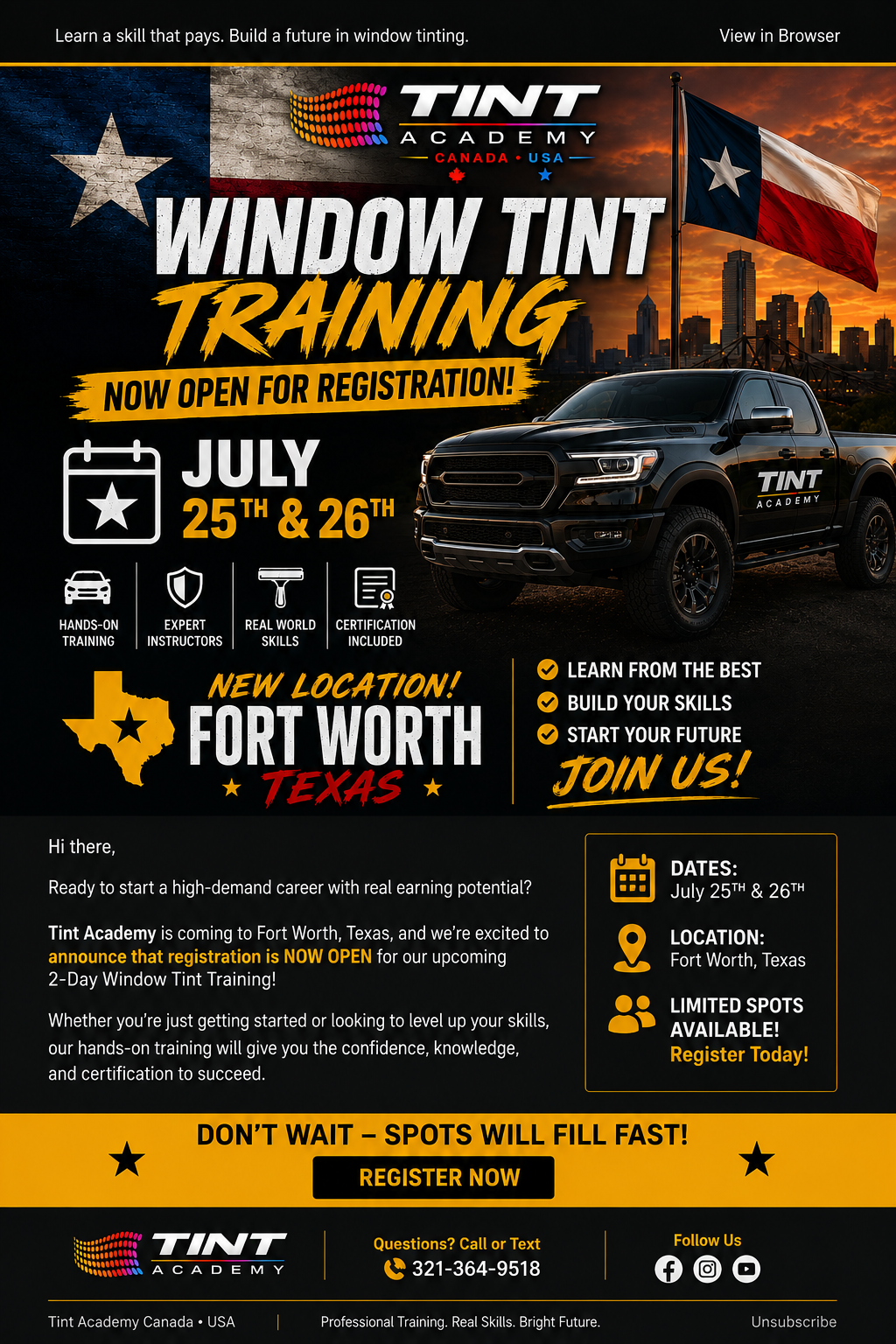 Window Tint Training Course – Dallas–Fort Worth | 2-Day Certification | Tint Academy USA