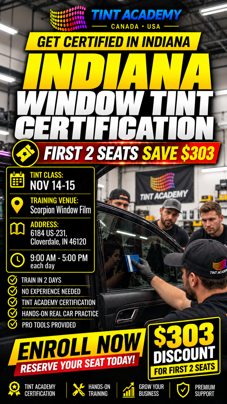 Window tint and PPF training course by Tint Academy, featuring classroom setup and training materials for Indiana certification.