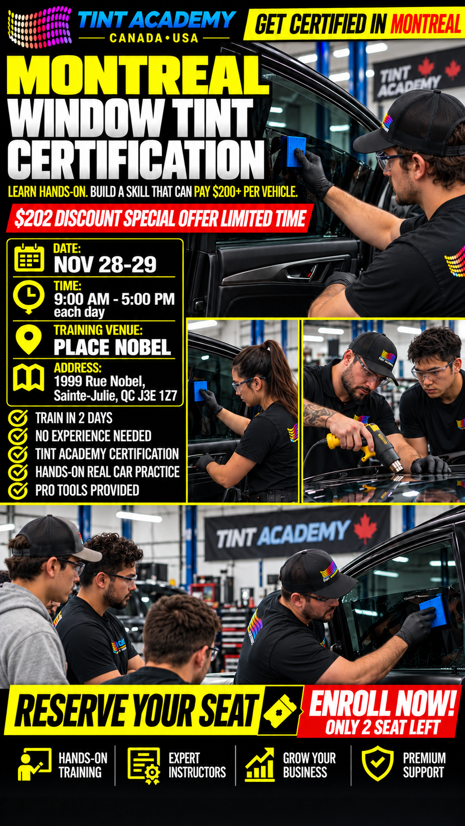 Montreal window tinting and PPF certification course by Tint Academy Canada, featuring training materials and classroom setting.
