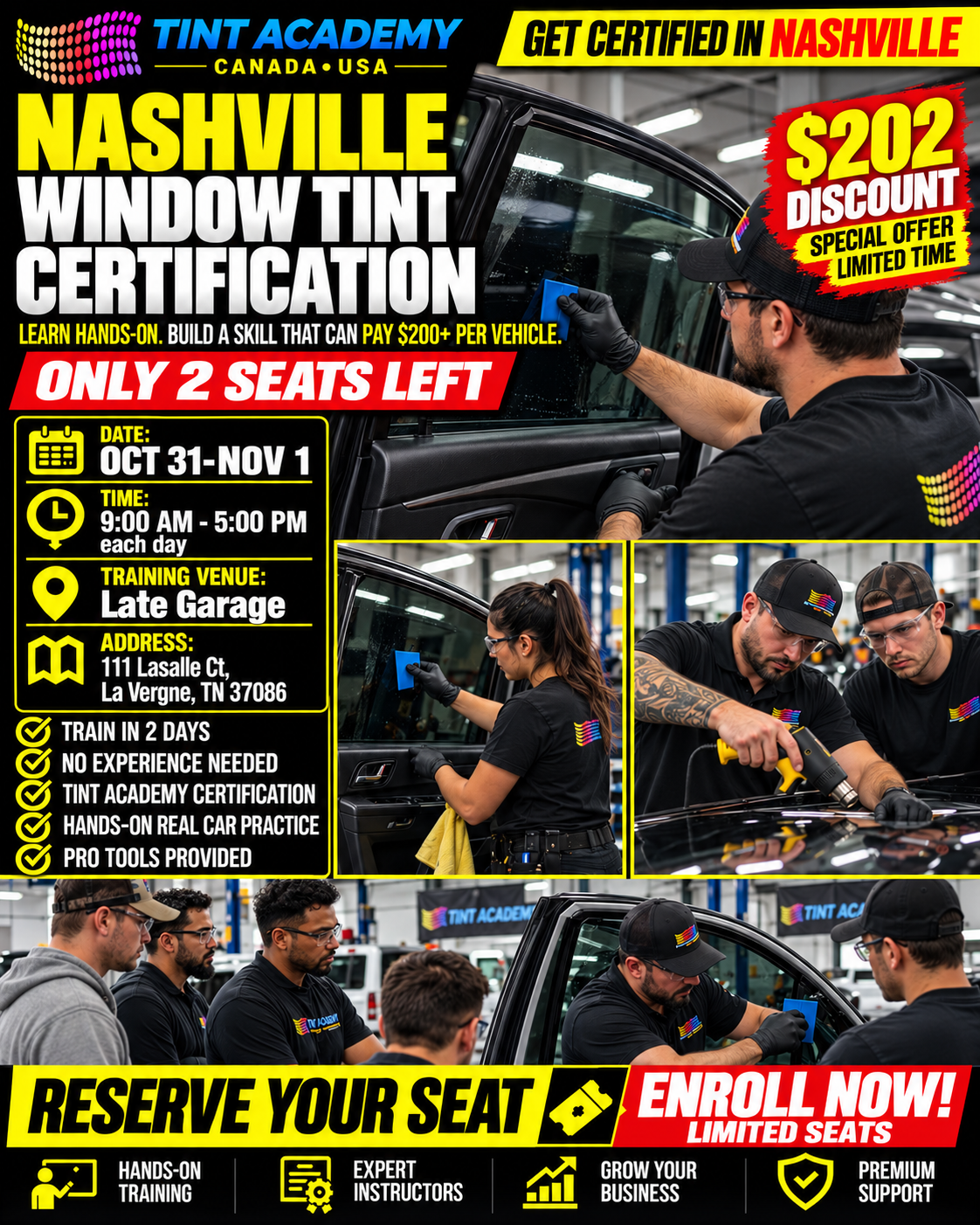 Nashville window tint and PPF certification course image, featuring training materials and certification banner for Tint Academy USA.