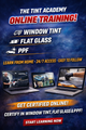 Online training module for Tint Academy's window tint certification course, featuring a computer screen displaying course content.