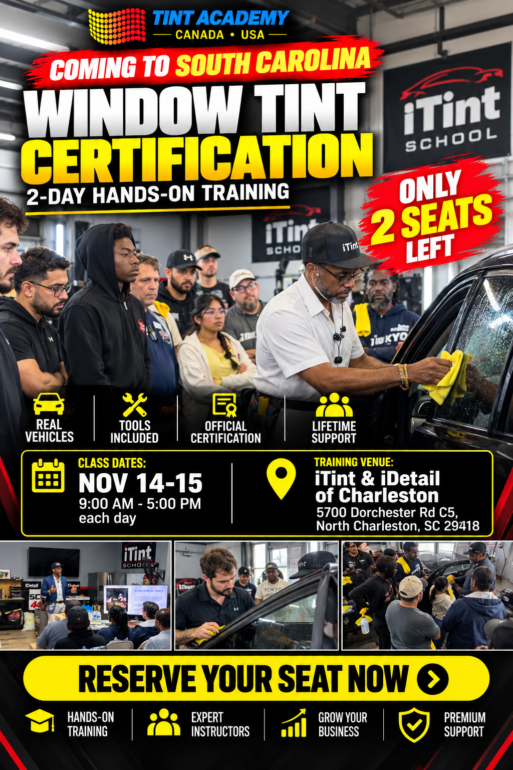 South Carolina window tinting and PPF certification course by Tint Academy USA, featuring training materials and certification logo.