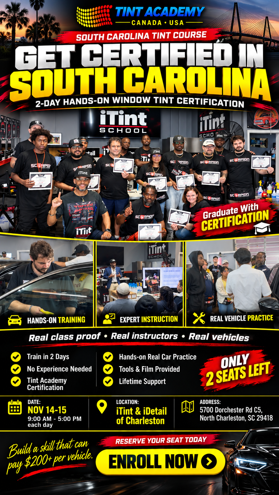 South Carolina window tinting and PPF certification course by Tint Academy USA, featuring course materials and branding.