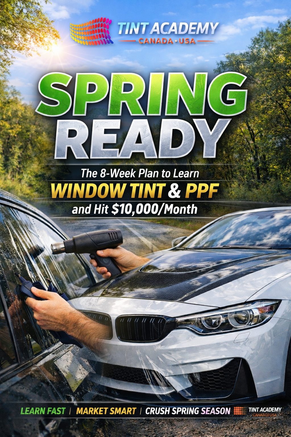 Spring Kickstart eBook by Tint Academy featuring window tinting and PPF business tips, shown on a digital device screen.