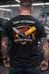 Tint Academy professional window tint installer T-shirt featuring the Tint Academy logo and branding on a casual apparel shirt.