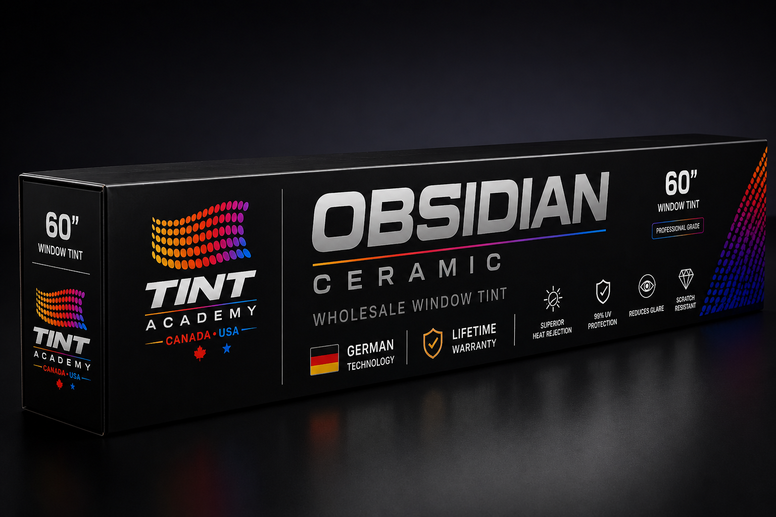 Obsidian Ceramic 60-inch window tint roll by Tint Academy, showcasing dark, reflective film for window privacy and UV protection.