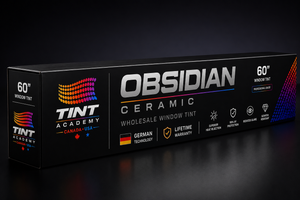 Obsidian Ceramic 60-inch window tint roll by Tint Academy, showcasing dark, reflective film for window privacy and UV protection.