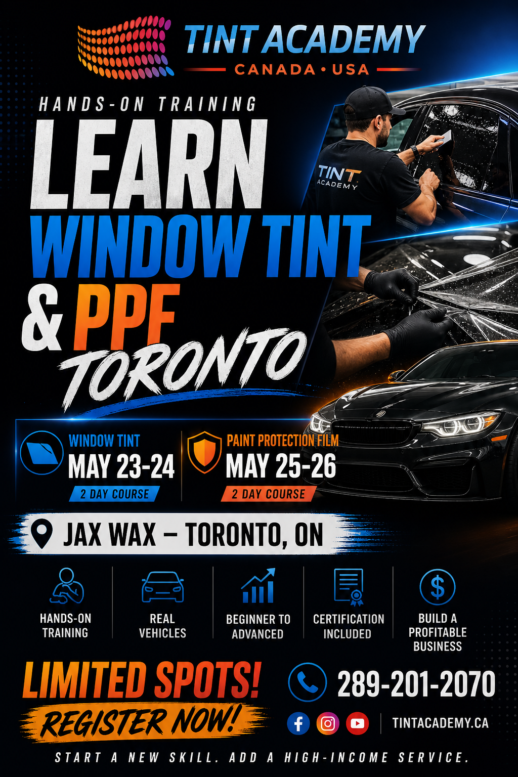 Hands-on Toronto Window Tint and PPF training course by Tint Academy Canada, featuring classroom and practical tinting sessions.