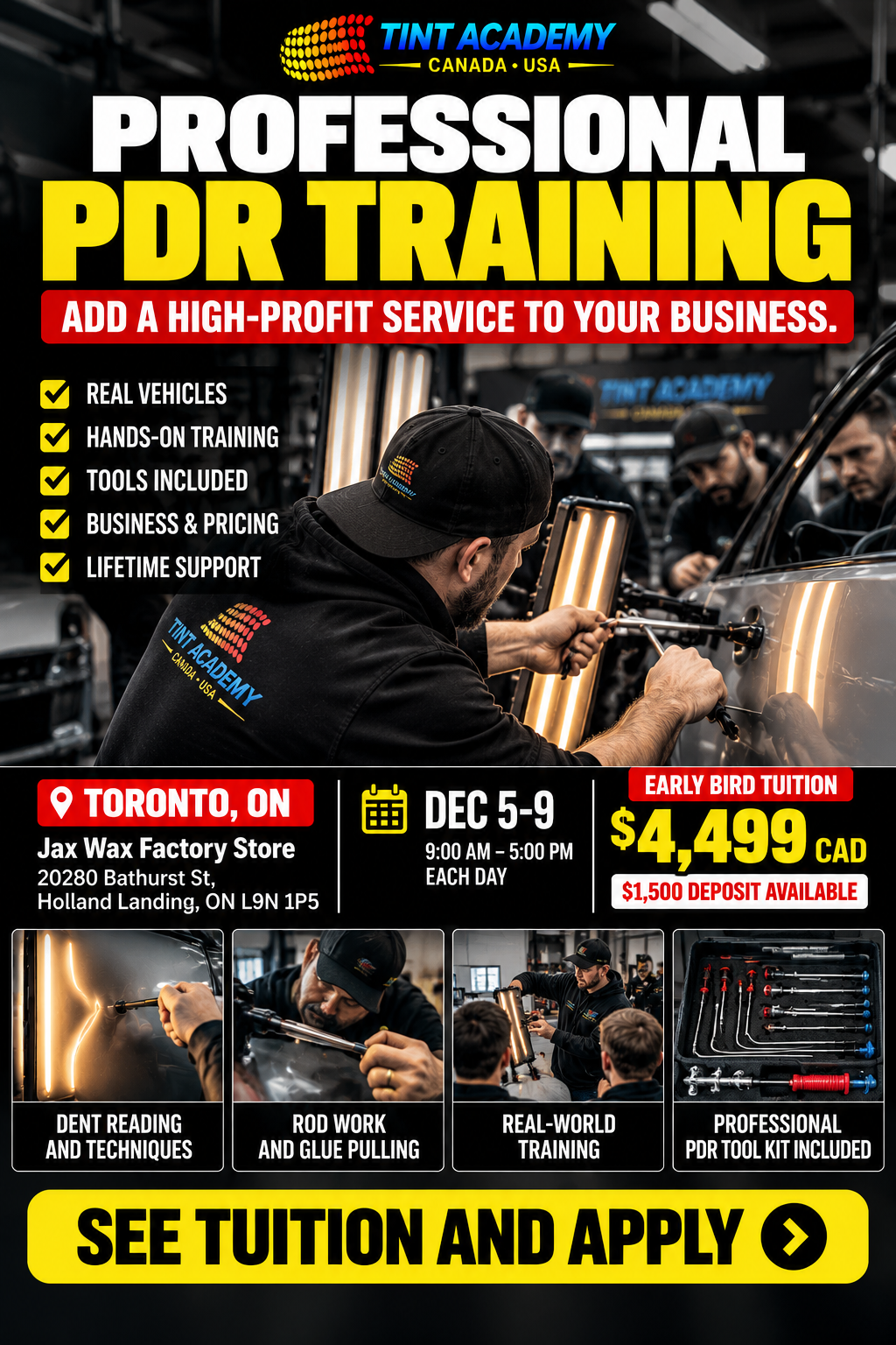 Paintless dent repair course in Toronto with Tint Academy PDR training materials, 5-day certification program