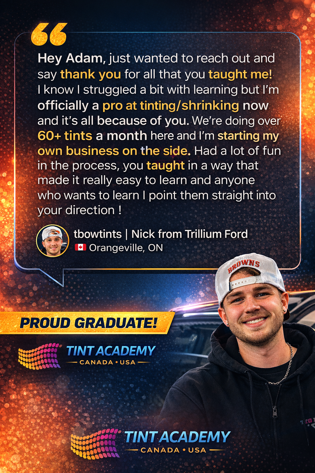 Graduate wearing cap and gown holding certification plaque for Window Tint Certification Course by Tint Academy in Los Angeles.