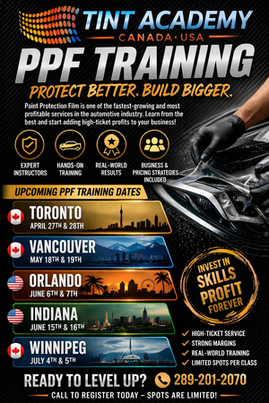 Learn Paint Protection Film installation with Tint Academy certification course, showing a technician applying PPF on a vehicle.