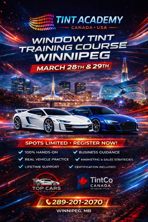 Winnipeg Window Tint and PPF School certificate from Tint Academy Canada, showcasing course details and branding.